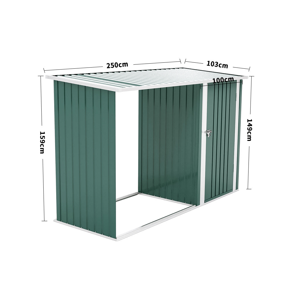 2.5m W Steel Outdoor Garden Storage Shed With Log Stacking Rack | Green