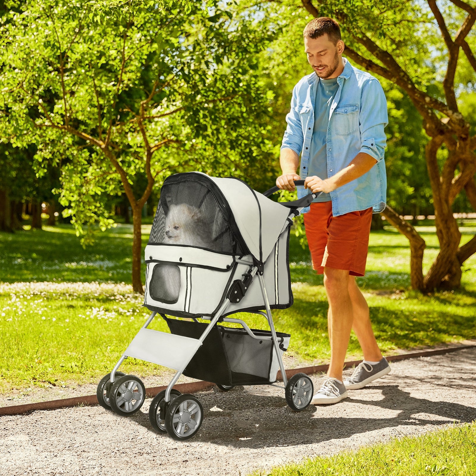 Pet Stroller Carrier Foldable Deluxe Jogger Walk Travel Dog Cat | Gray