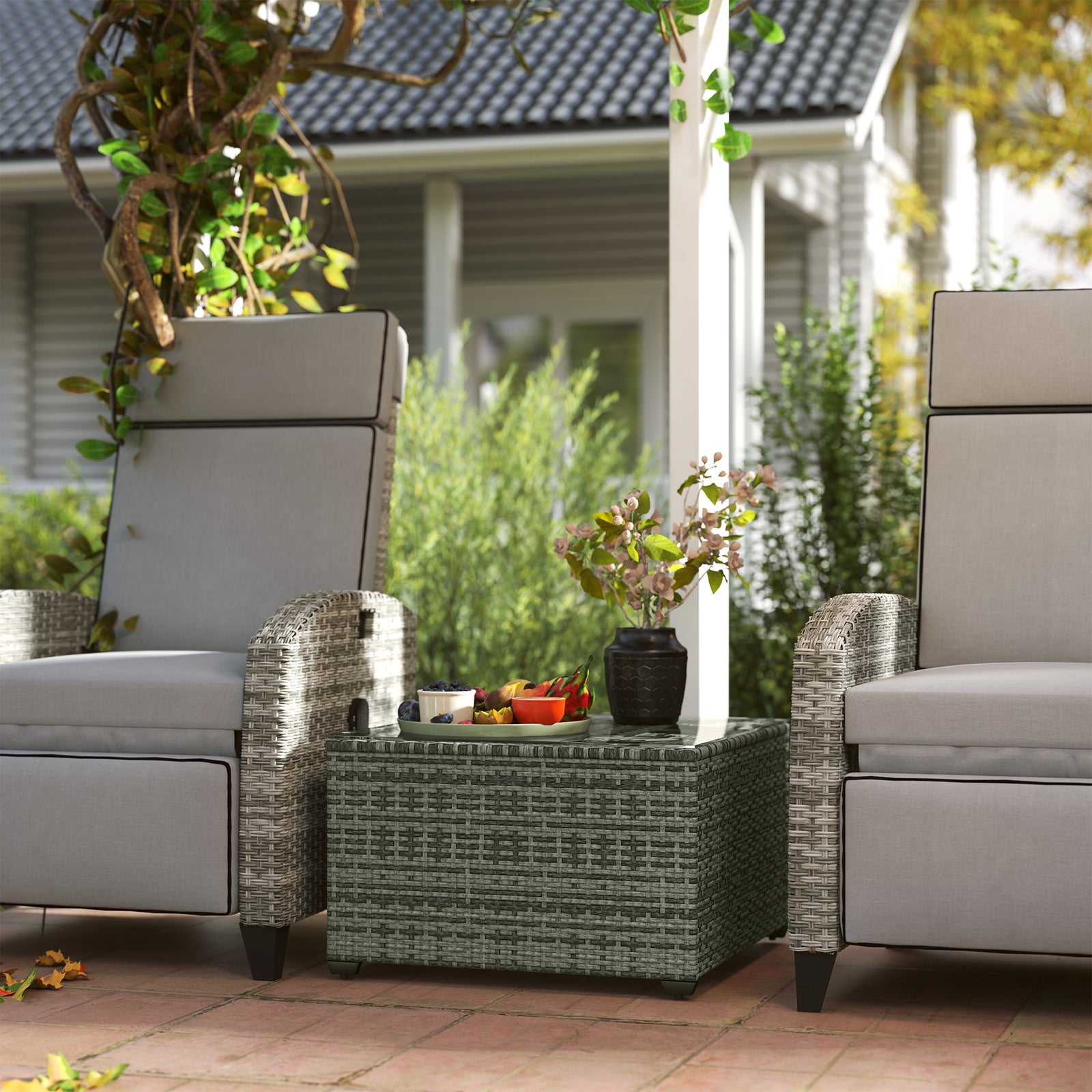 Outdoor Coffee Table W/ Glass Top, Rattan Side Table | Light Grey