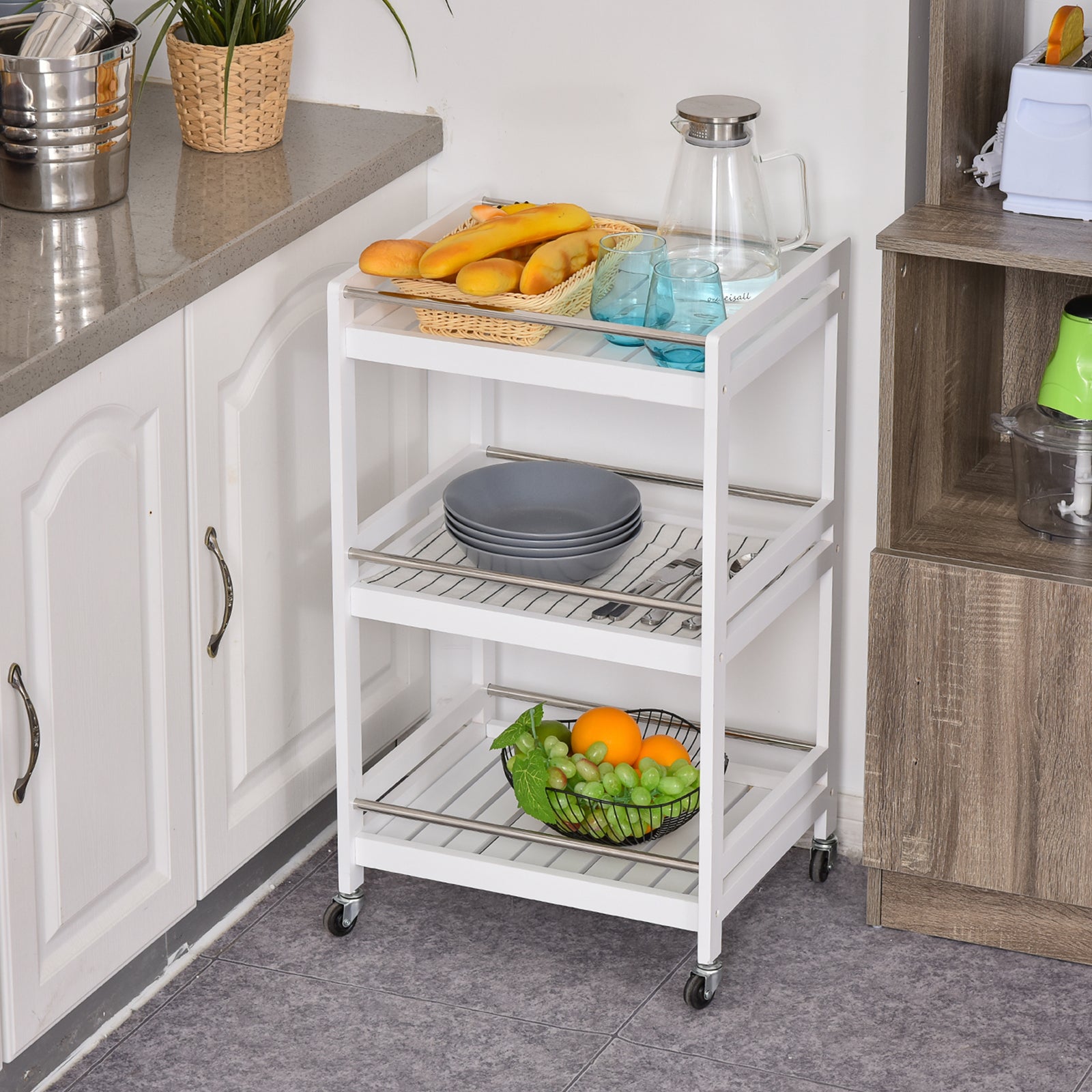 3 Tier Home Trolley Kitchen Storage Cart Steel Bars 4 Wheels