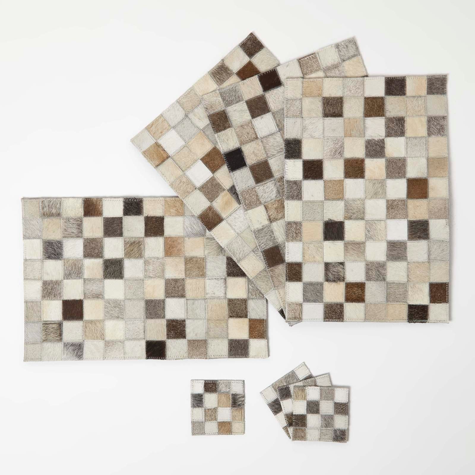 HOMESCAPES Block Check Grey Leather Placemats Set Of 4
