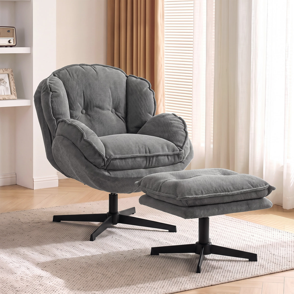 Armchair With Footstool, 360-degree Swivel Accent Chair | Grey
