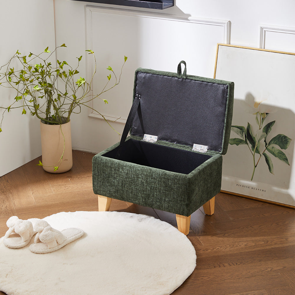 Chenille Upholstered Storage Ottoman Compact Footstool With Hidden Storage | Small | Green