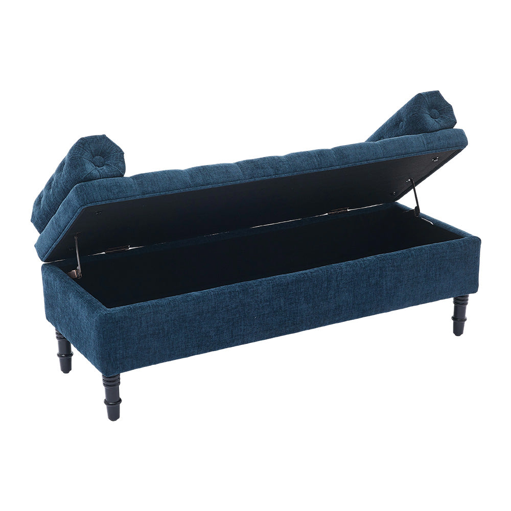 Chenille Fabric Storage Bench – Upholstered Seat With Pillowed Armrests & Hidden Compartment, 126cm W | Blue
