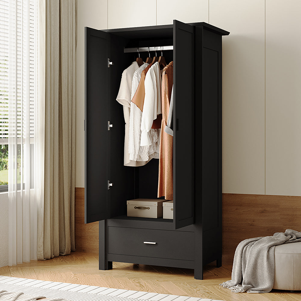 Modern Double-door Wardrobe With Drawer & Hanging Rail | Black