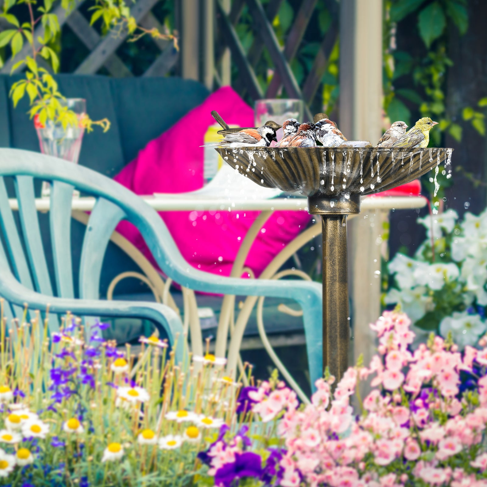 81cm Tall Bird Bath W/ 2 Decorative Birds For Garden | Bronze