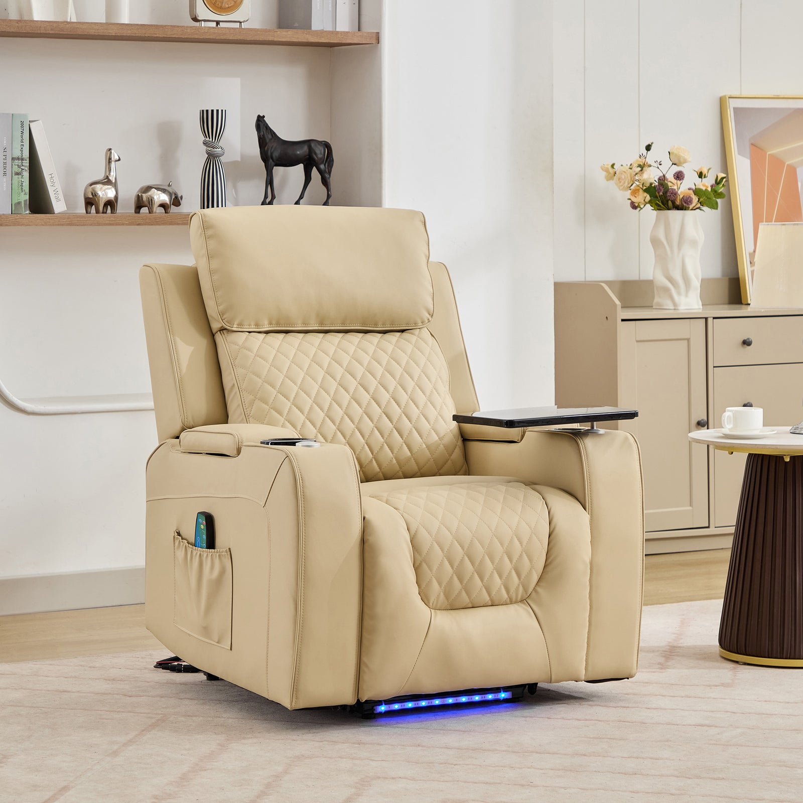 Byron Electric Riser Recliner Chair With Massage And Heat, Drink Cooler, Table | Cream