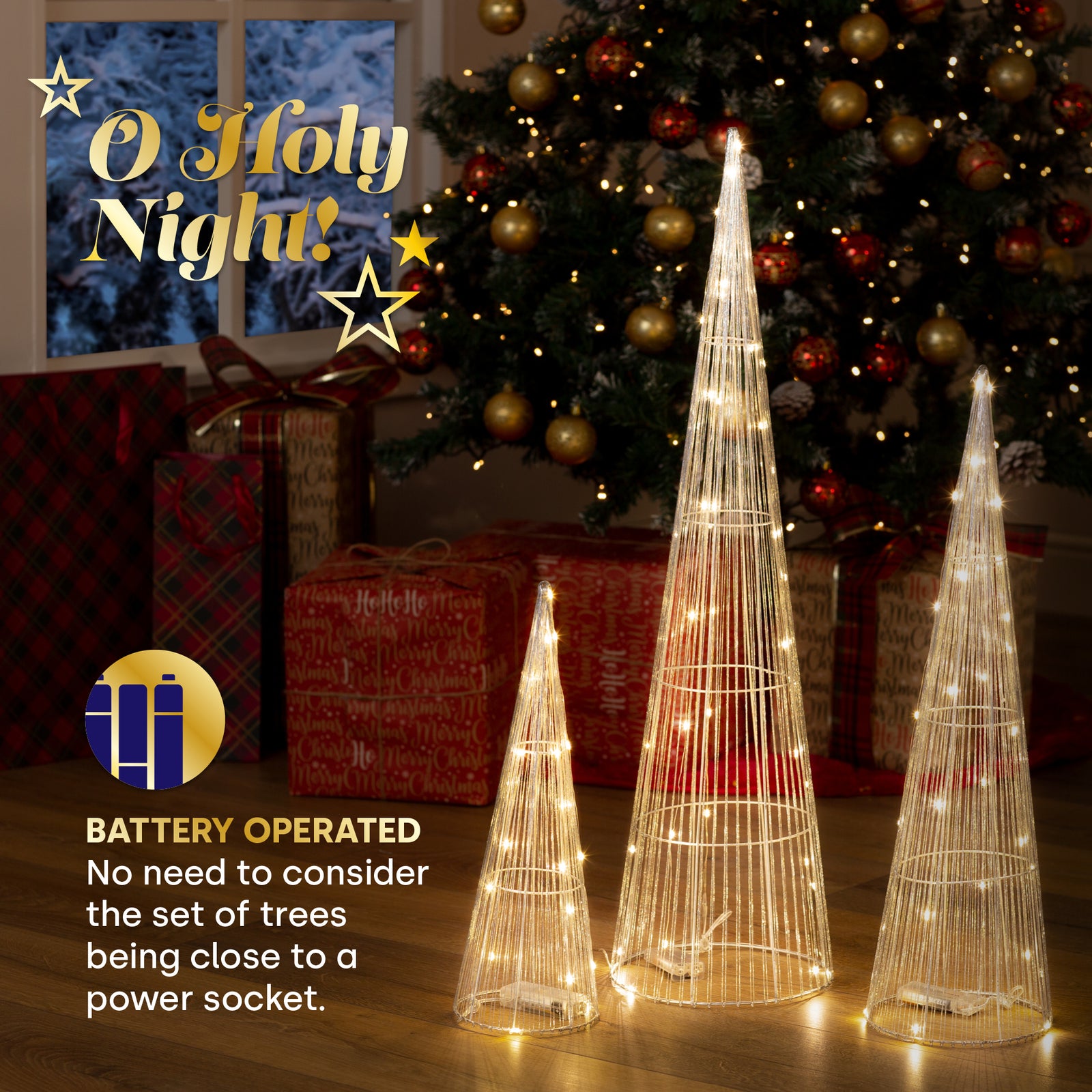 3pc Light Up Cone Tree Decorations With Warm Led Lights