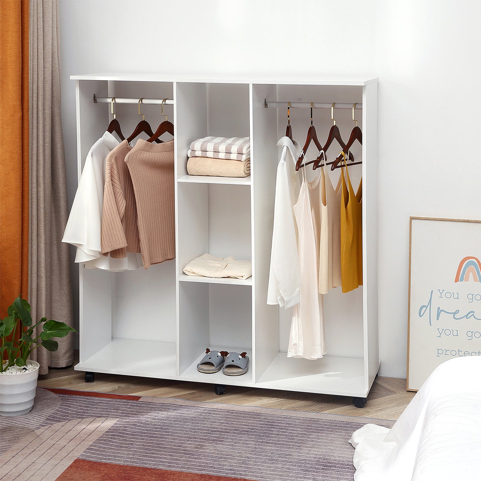 Mobile Double Open Wardrobe W/ Clothes Hanging Rail Colthing | One Size | White