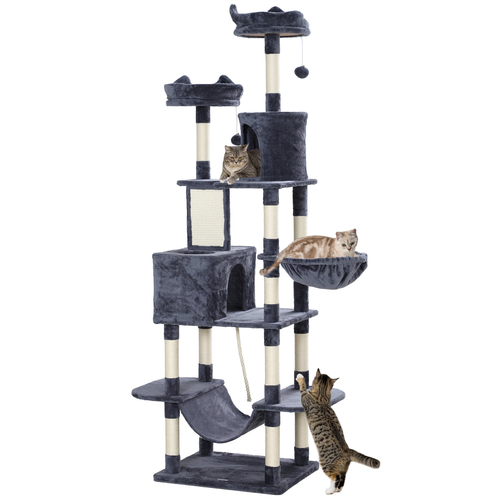 206cm Cat Tree With Scratching Posts, Beds, Condos, Toys, Dark Grey