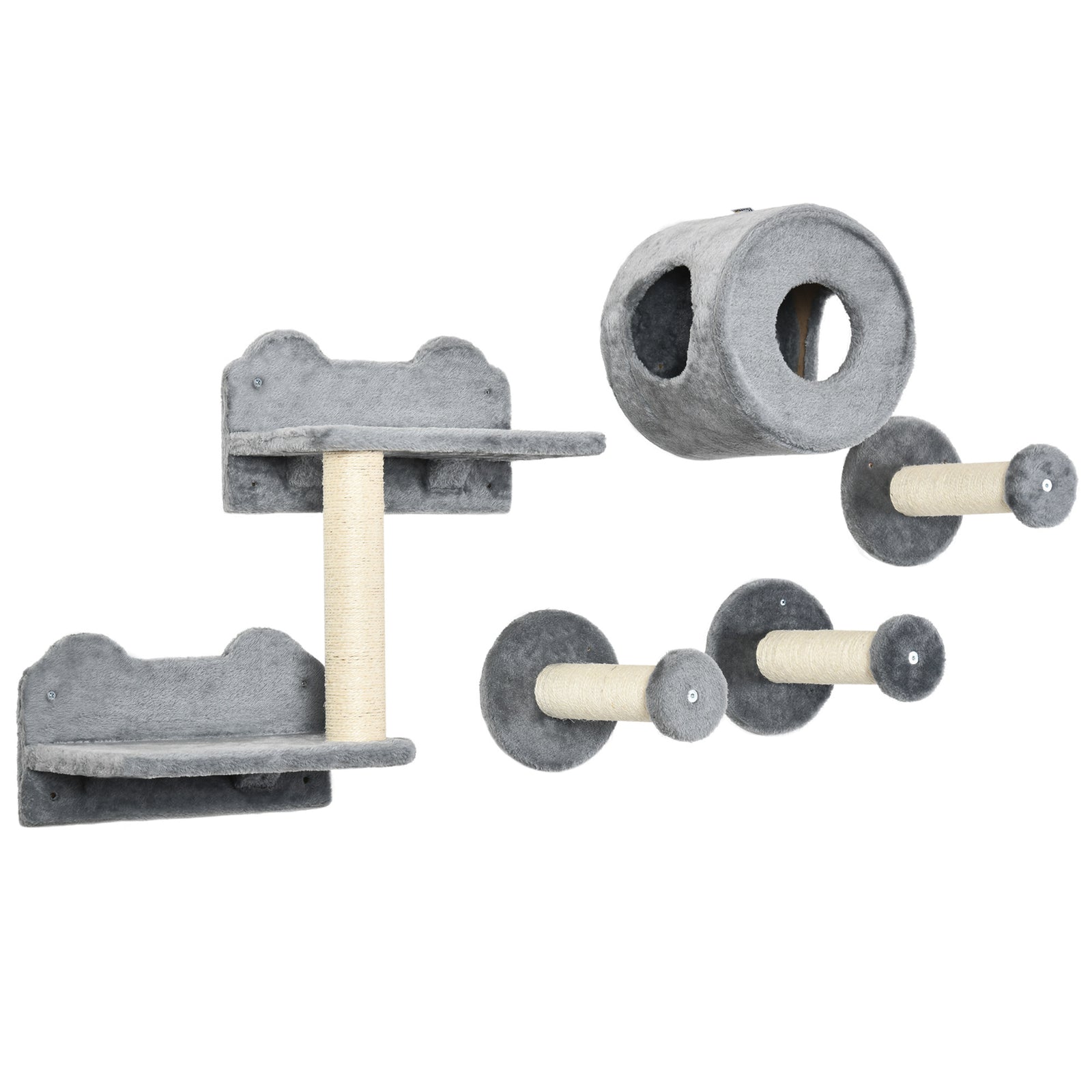 5pcs Cat Wall Furniture With Perch, Cat Condo, Scratching Post - Grey