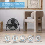 14/16/20" Circular Floor Fan - Powerful Air Cooling Fan With 3 Speed Settings | 16" | Black