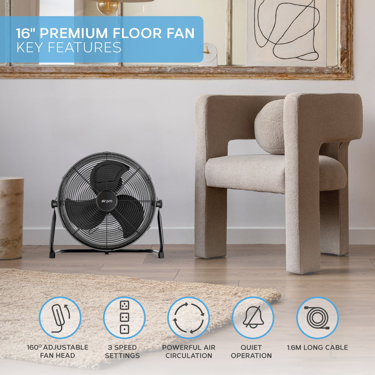14/16/20" Circular Floor Fan - Powerful Air Cooling Fan With 3 Speed Settings | 16" | Black