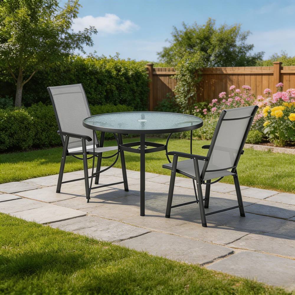 3 Pieces Garden Dining Set Tempered Glass Outdoor Coffee Table And Chairs