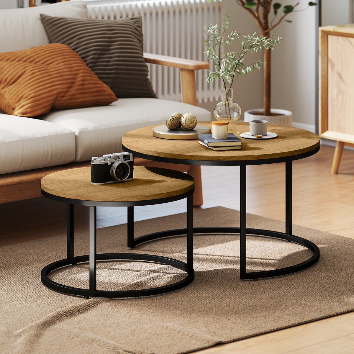 2 Pcs Stacking Coffee Table Set With Steel Frame | Brown