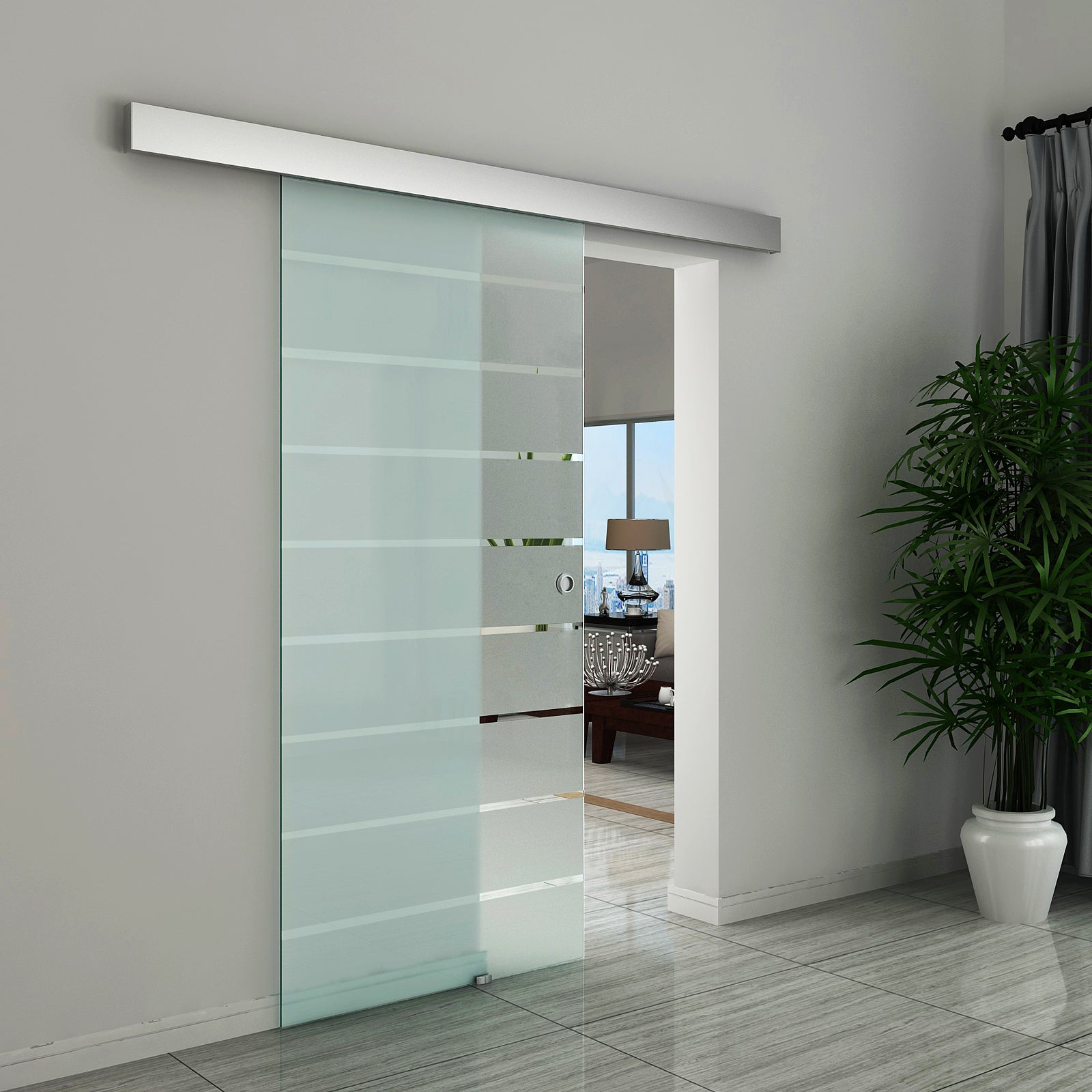 90cm Sliding Glass Door Set Frosted Stripe W/ Handle