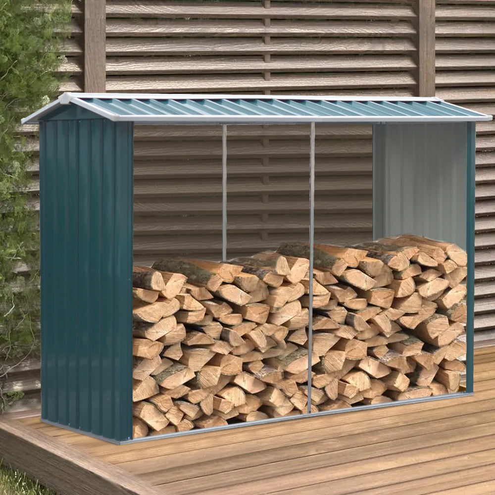 2.4m W Outdoor Garden Steel Log Storage Shed | Green