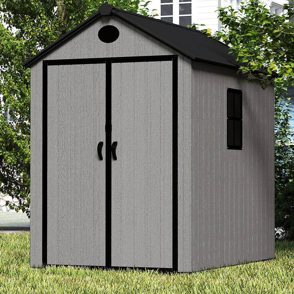 5.33 × 7.32 ft Garden Tool Shed With Apex Roof & Combination Lock – Grey Wood Grain Storage Shed With Window & Vents