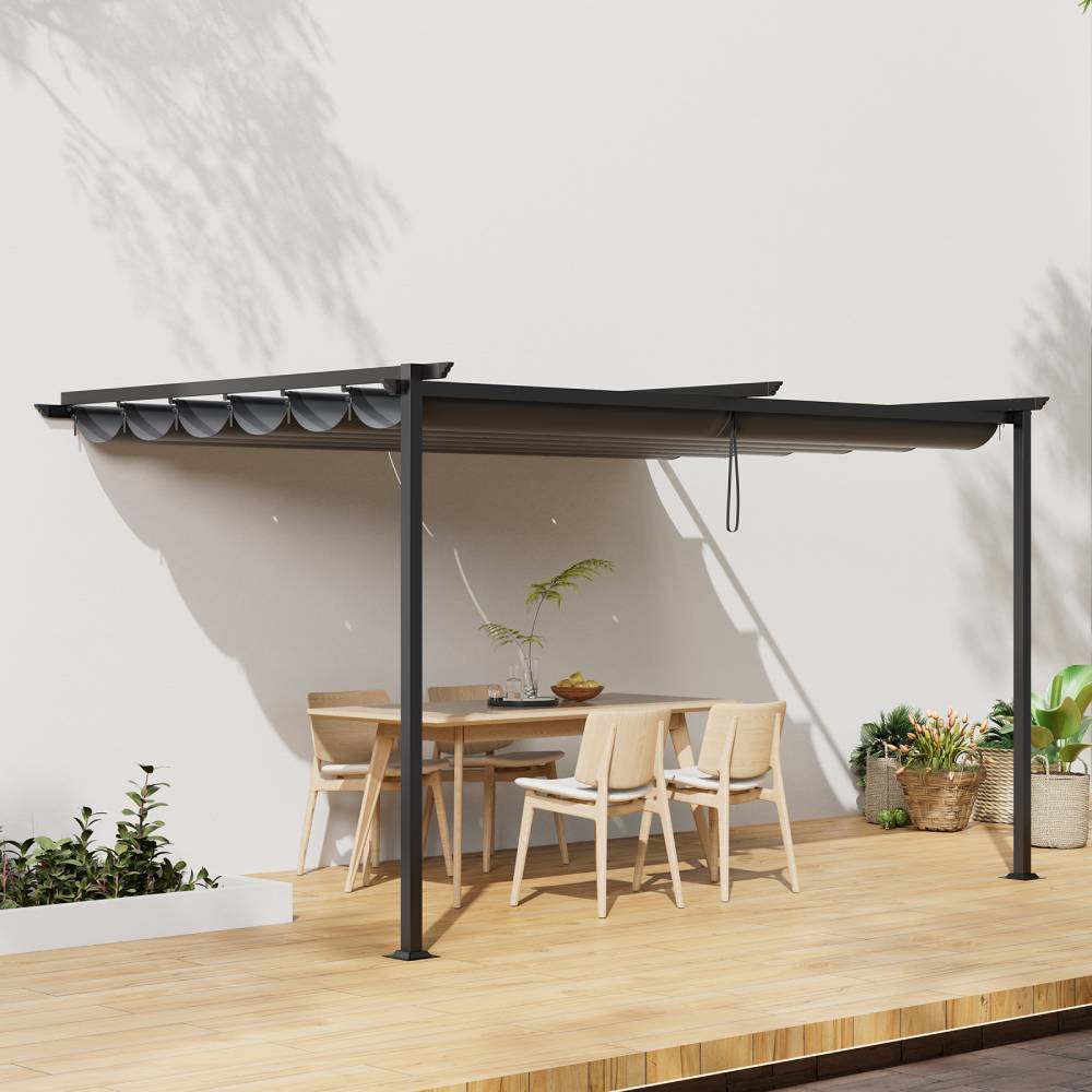 3x3m/3x4m Lean To Pergola With Retractable Roof With Pa-coated Polyester Canopy Wall Mounted Garden Gazebo Outdoor Sun Shade Shelter For Patio | 3m x 3m | Dark Grey