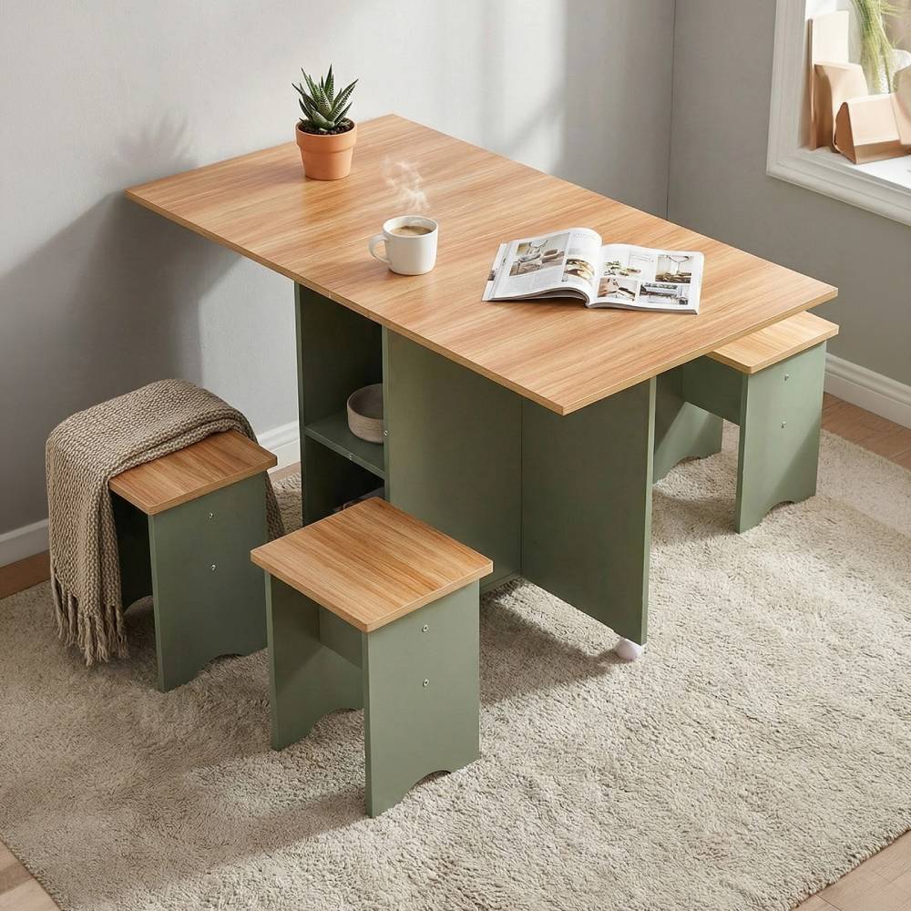 Drop Leaf Dining Table Set With 4 Stools | Green