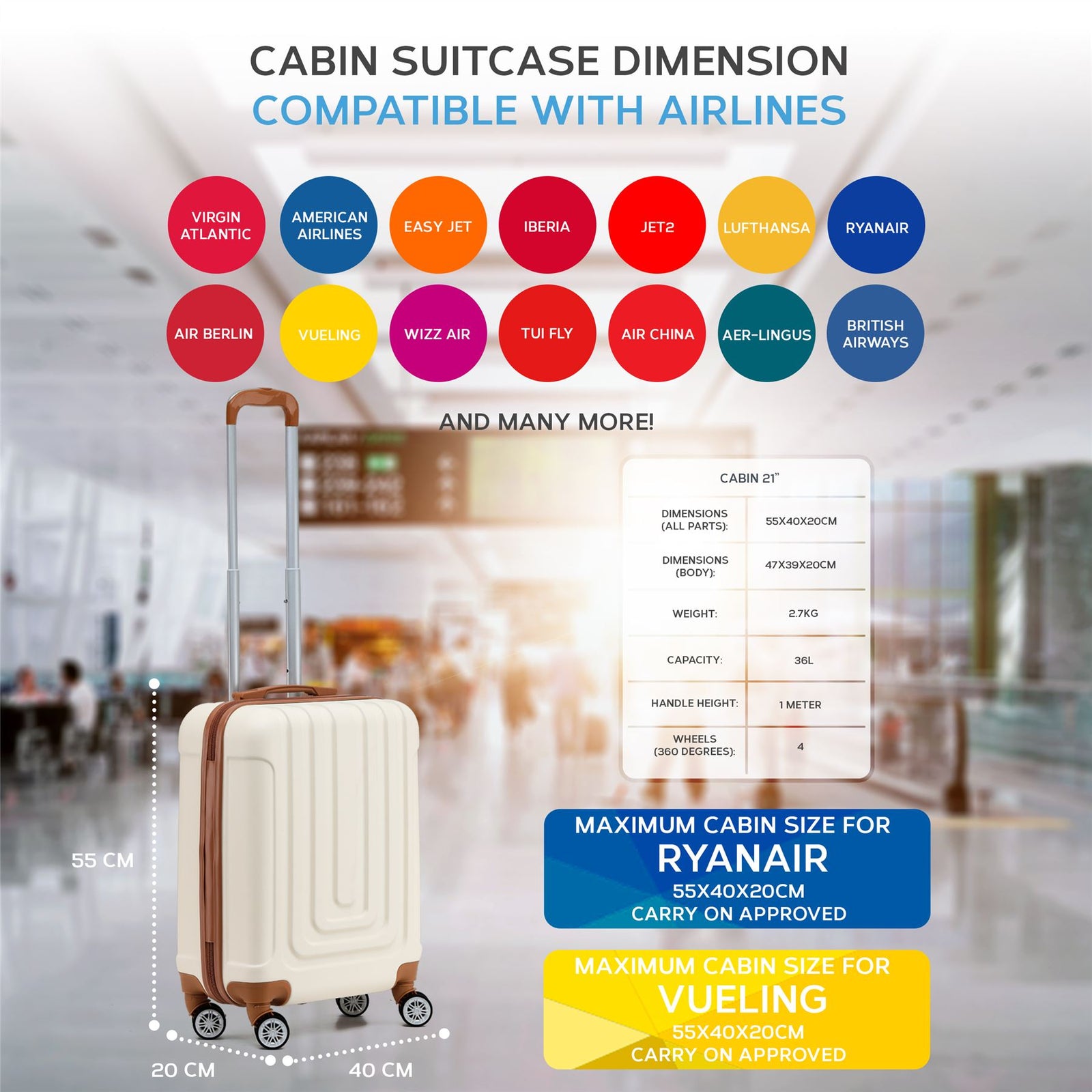 55x40x20cm Lightweight Luggage Overhead Cabin Hard Shell Cabin Suitcase 60+ Airlines Approved - Carry On Case - 4 Wheels | Cabin | Cream