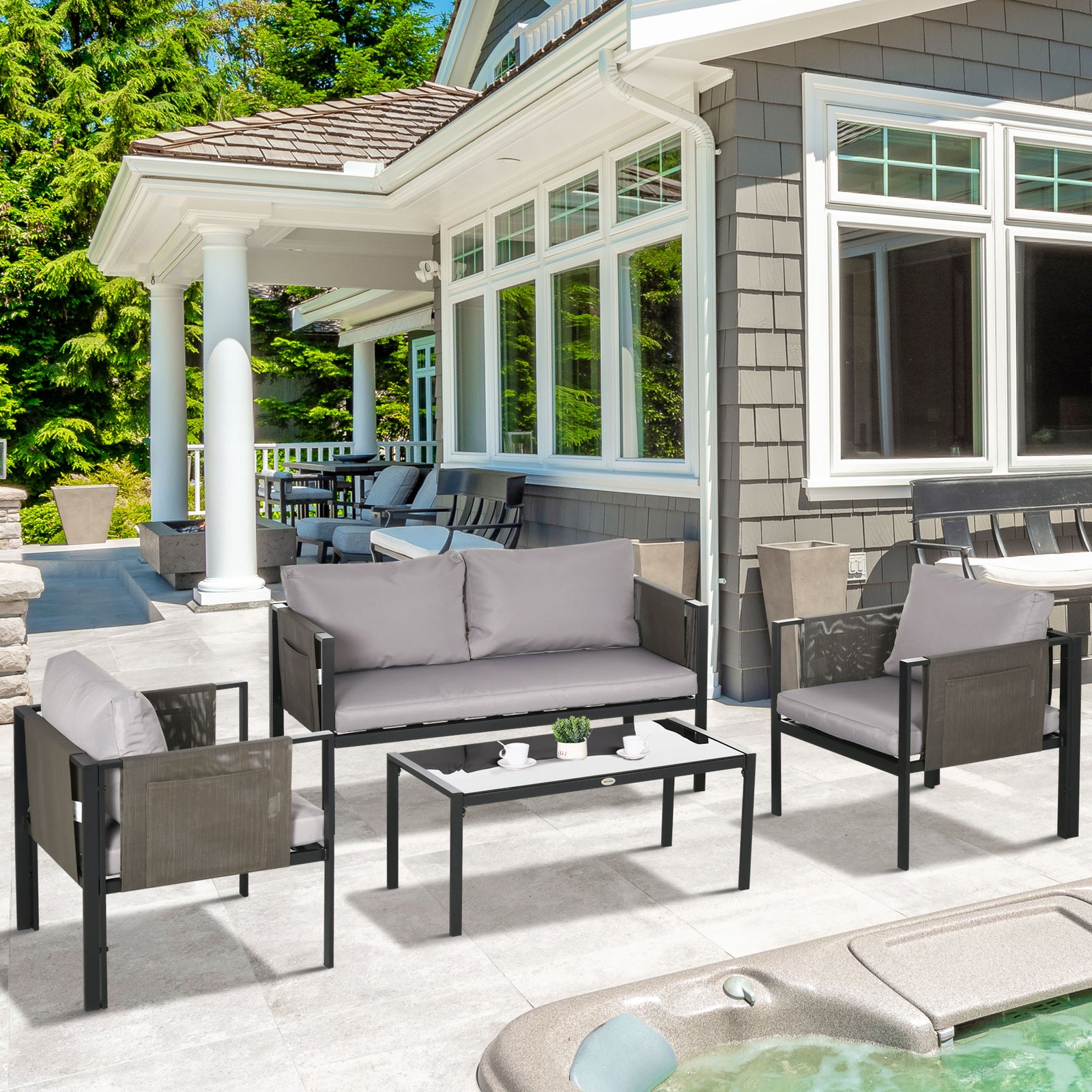 4 Piece Garden Sofa Set Tempered Glass Table
