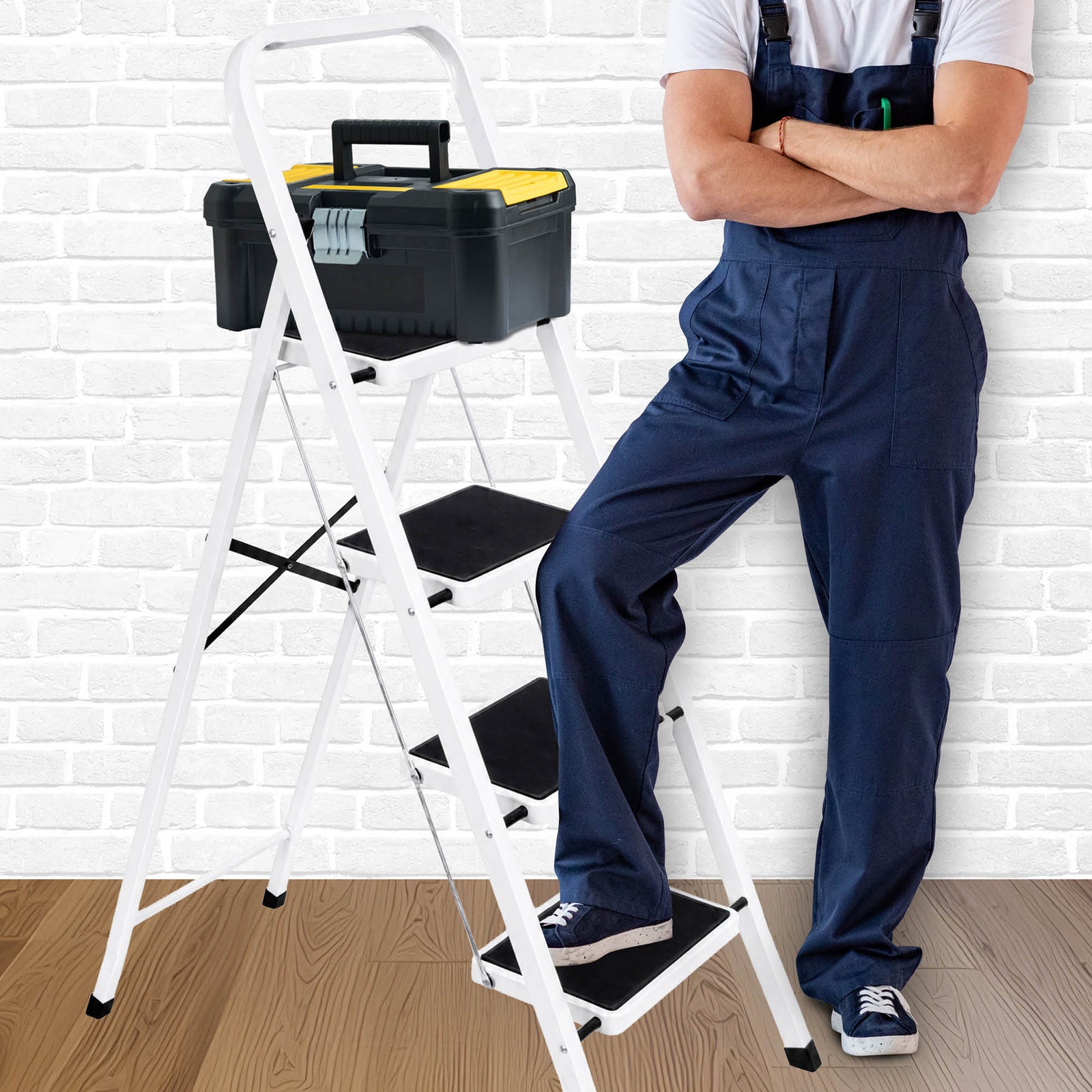 4 Step Ladder Heavy-duty Steel Folding Step Stool 150kg Capacity | White
