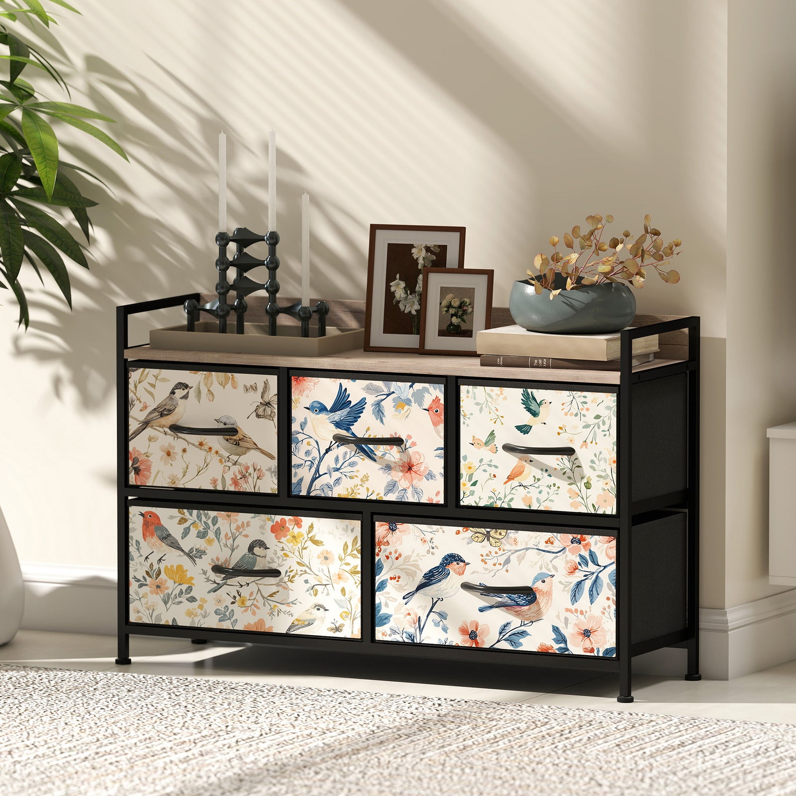 5-drawer Chest Of Drawers, Fabric Dresser With Open Shelf | White