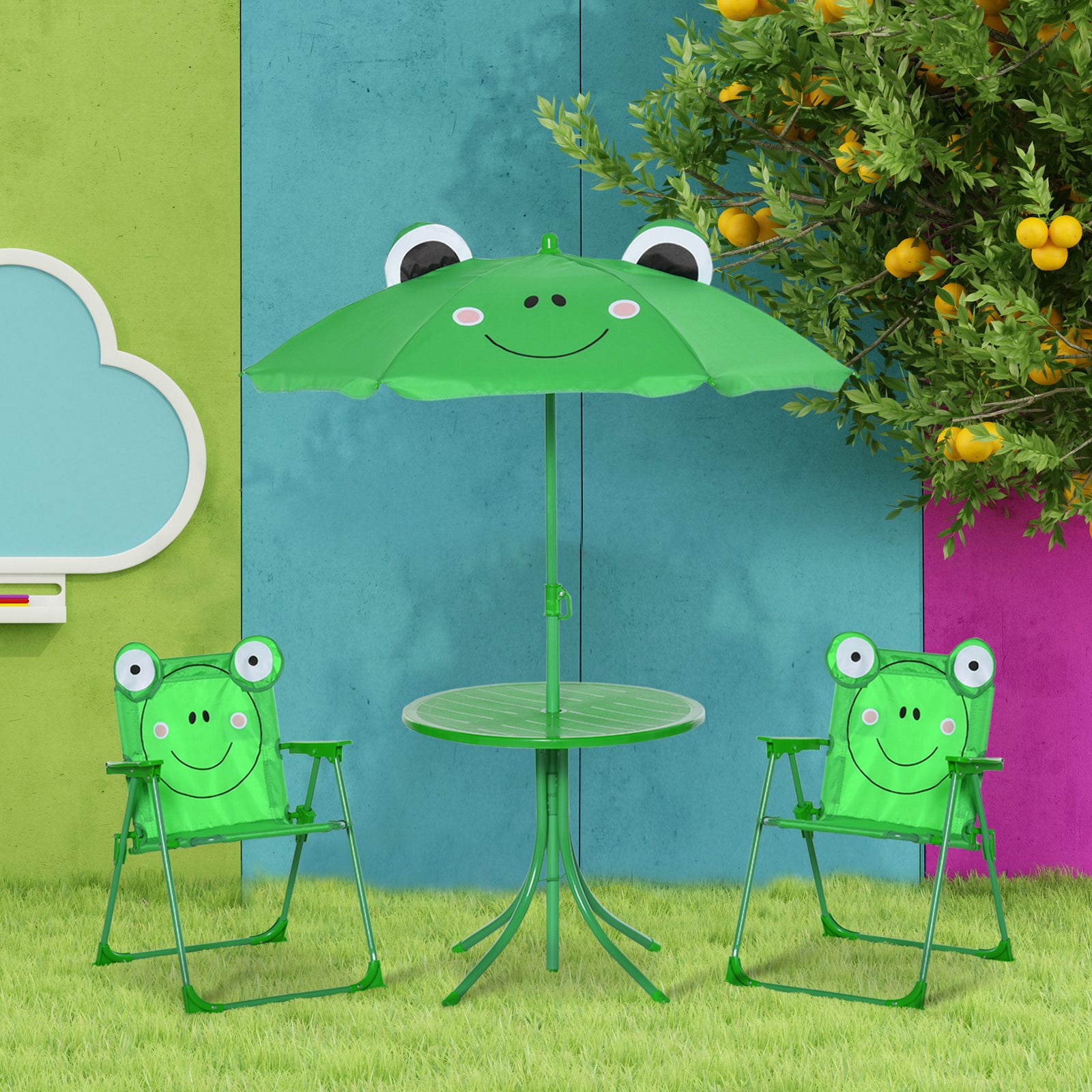 Kids Folding Picnic Table Chair Set Ladybug Pattern Outdoor W/ Parasol | Green