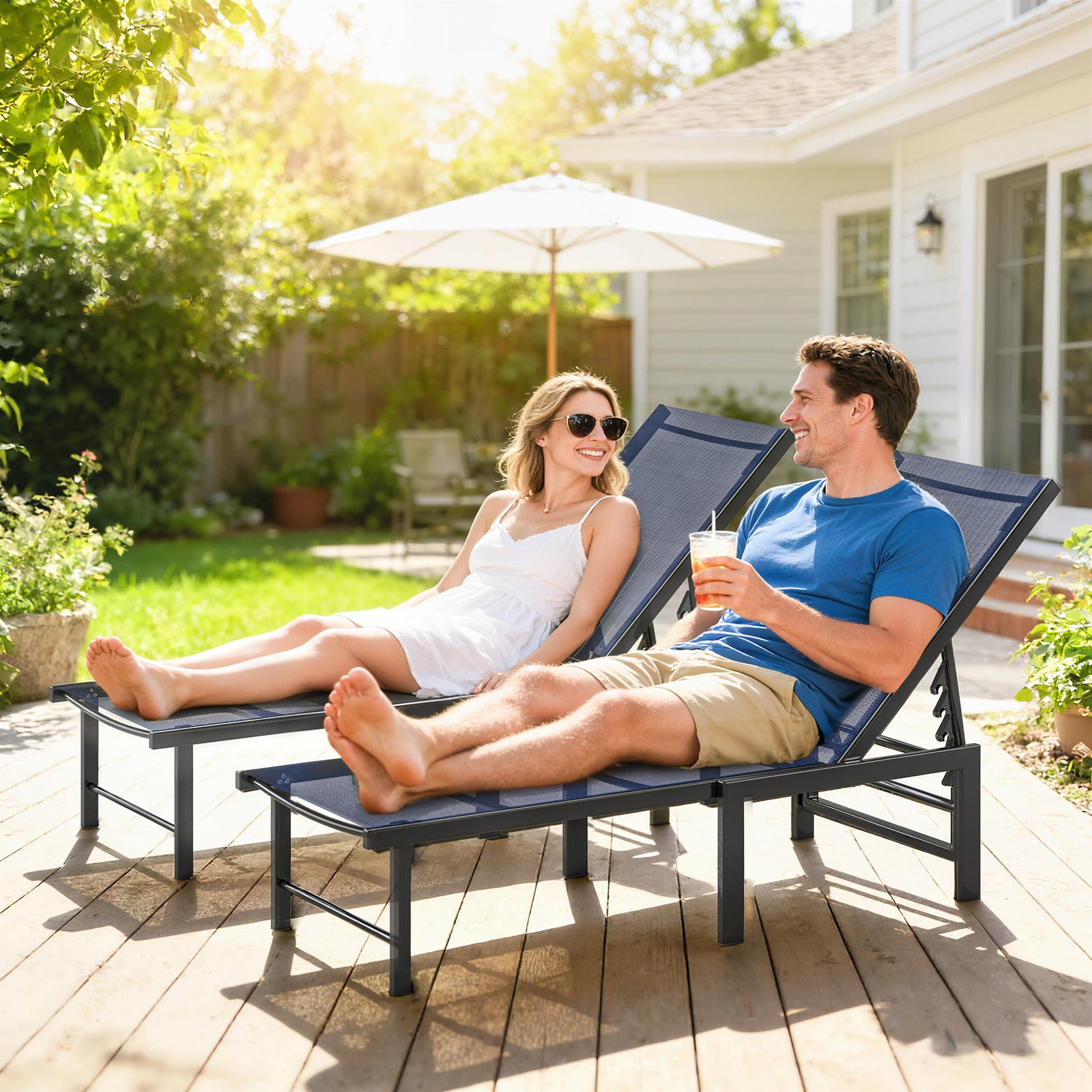 Sun Loungers Set Of 2, 5-level Reclining Sunbeds | Blue