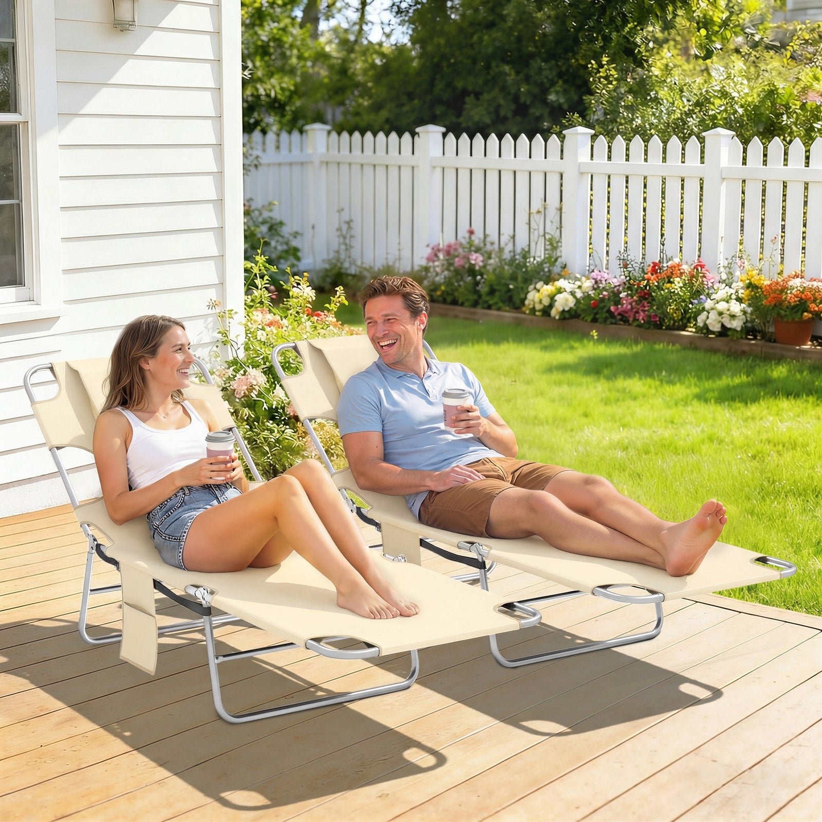 2 Sun Loungers With Reading Hole, Folding Garden Lounger | Beige