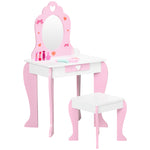 Kids Dressing Table With Mirror, Stool, Drawer, Cute Patterns - Pink | Pink
