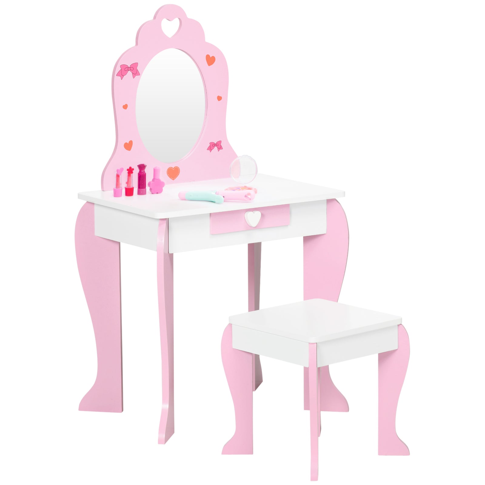 Kids Dressing Table With Mirror, Stool, Drawer, Cute Patterns - Pink | Pink
