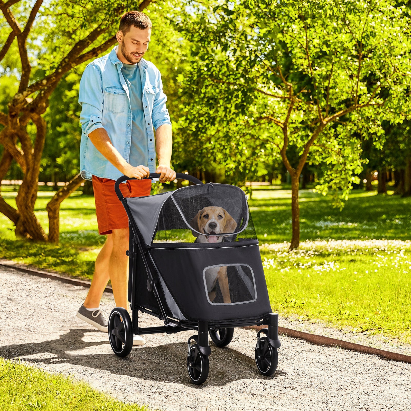 Foldable Dog Carriage W/ Universal Wheels, Shock Absorber | Black