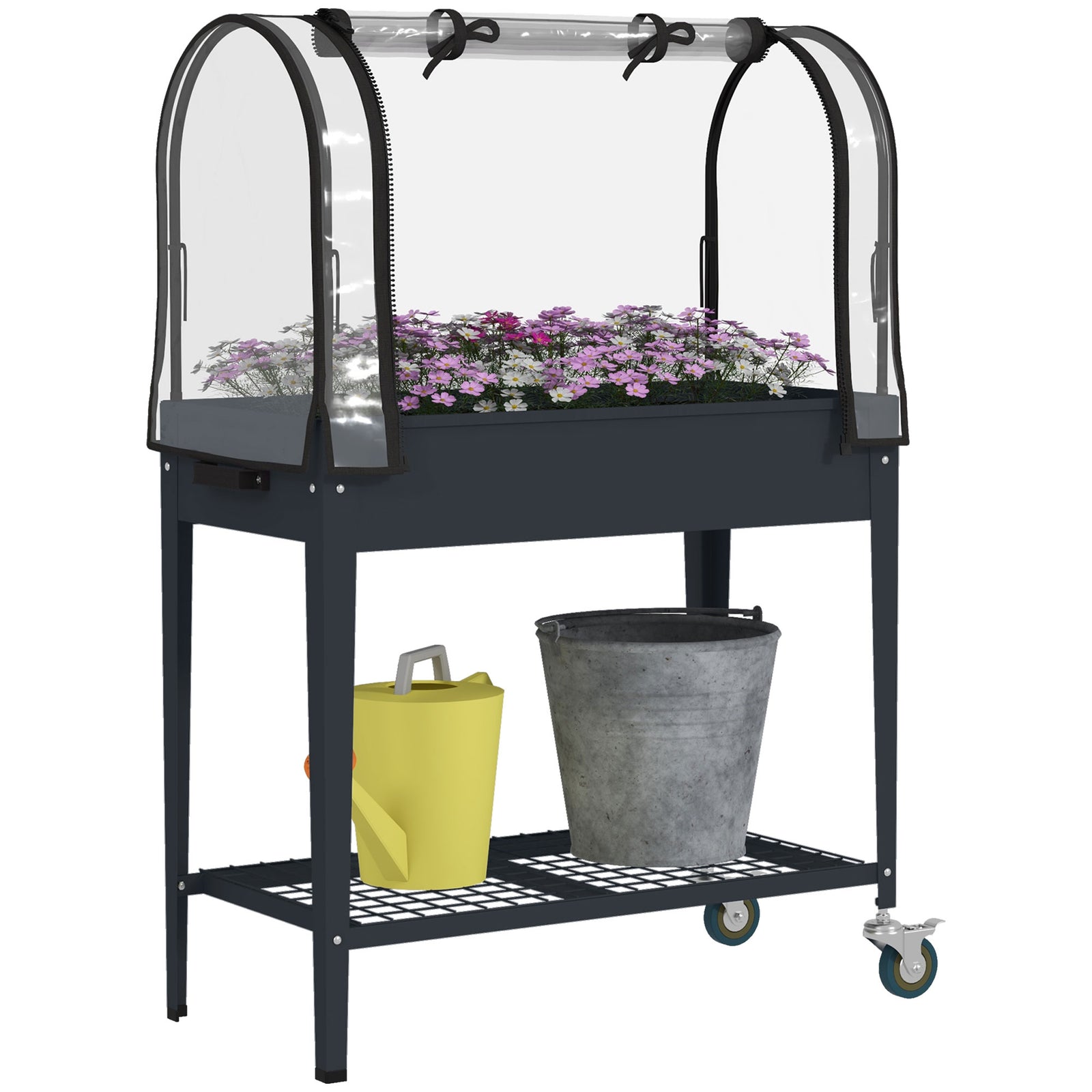 Raised Planter With Greenhouse & Wheels Dark Grey