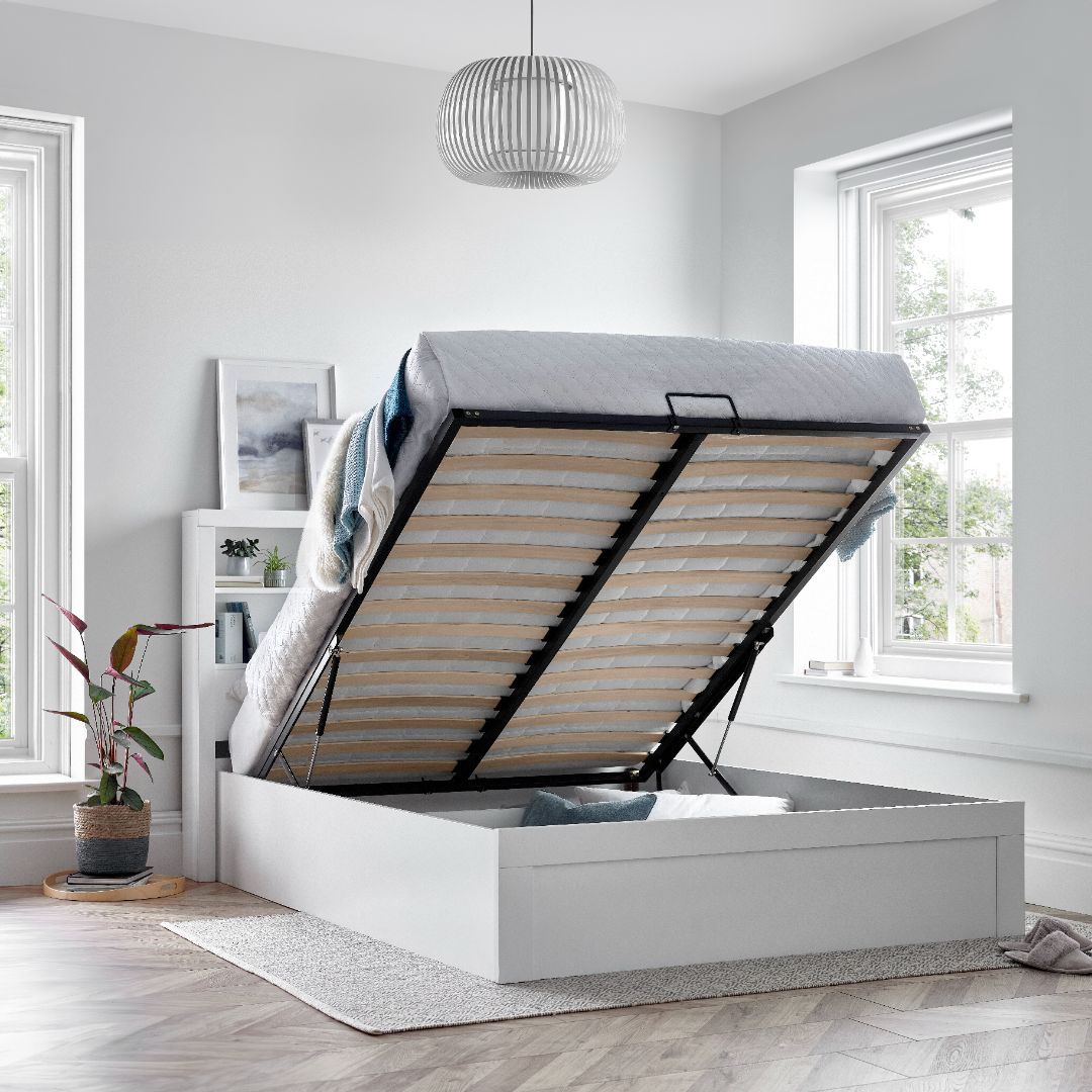 Arizona Wooden Bookcase Ottoman Storage Bed | Double | White