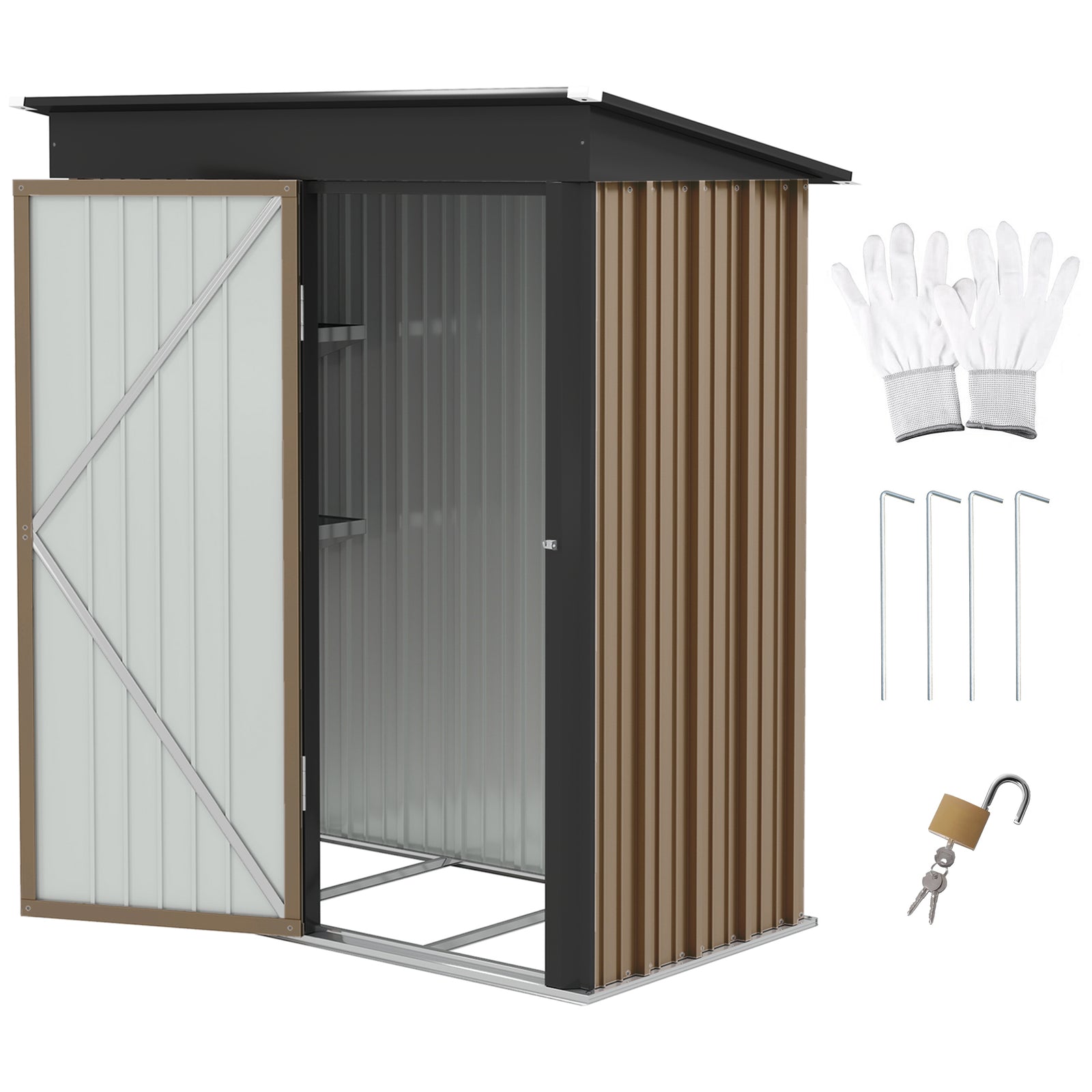 5x3ft Steel Lean-to Shed With Adjustable Shelf Lock & Gloves