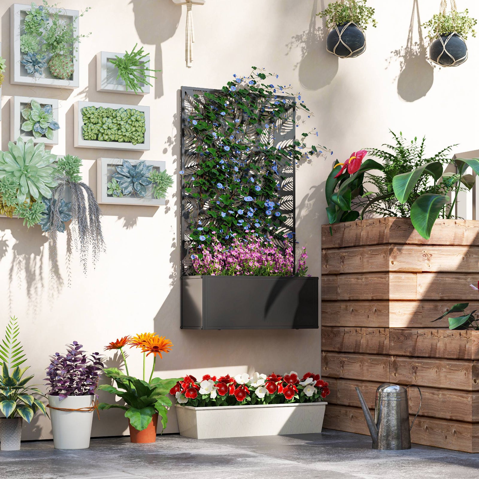 Metal Garden Bed With Trellis, Leaf Cut-out Screen