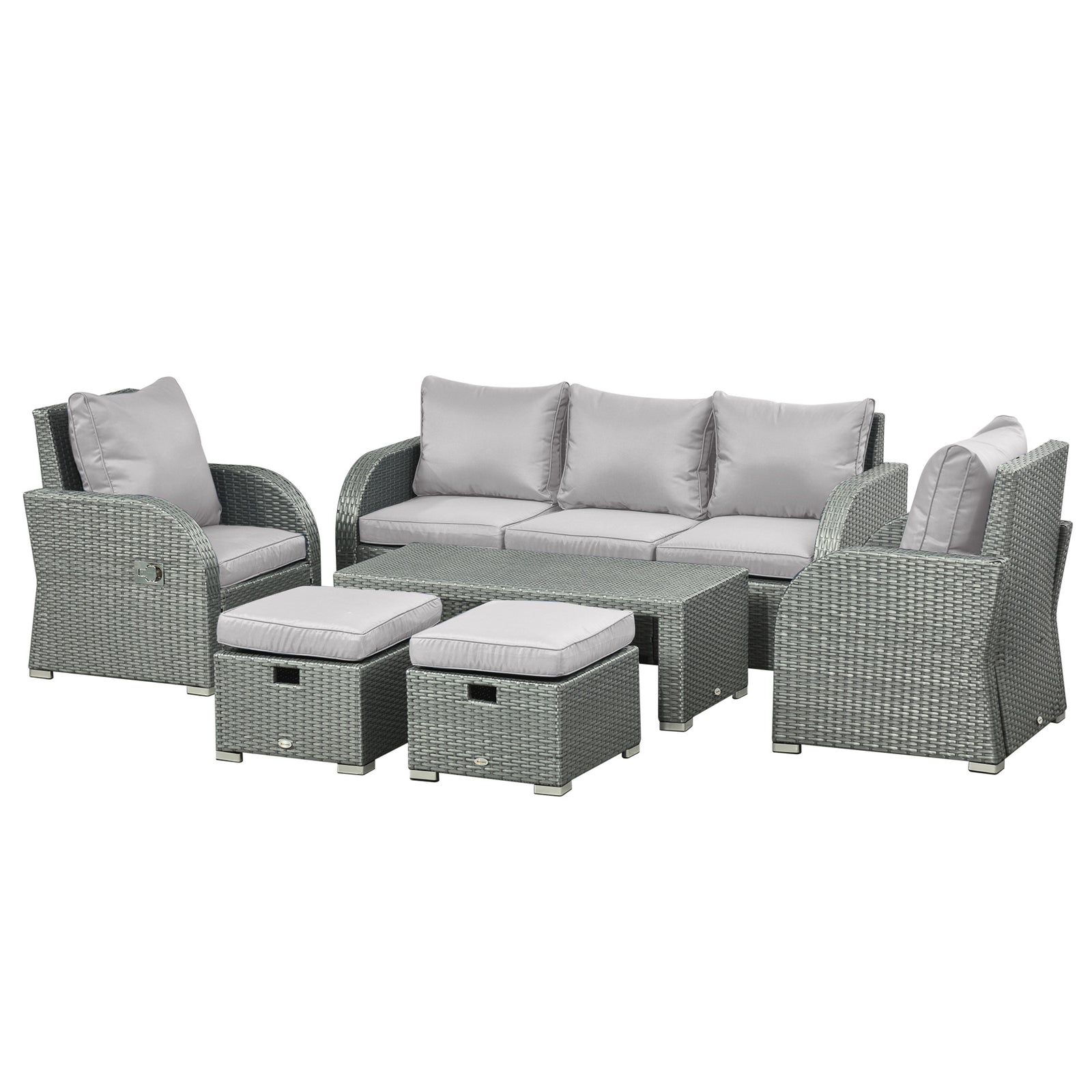 Cushioned Rattan Wicker Sofa, Recliner, Footstool, Table Set | Light Slate Gray