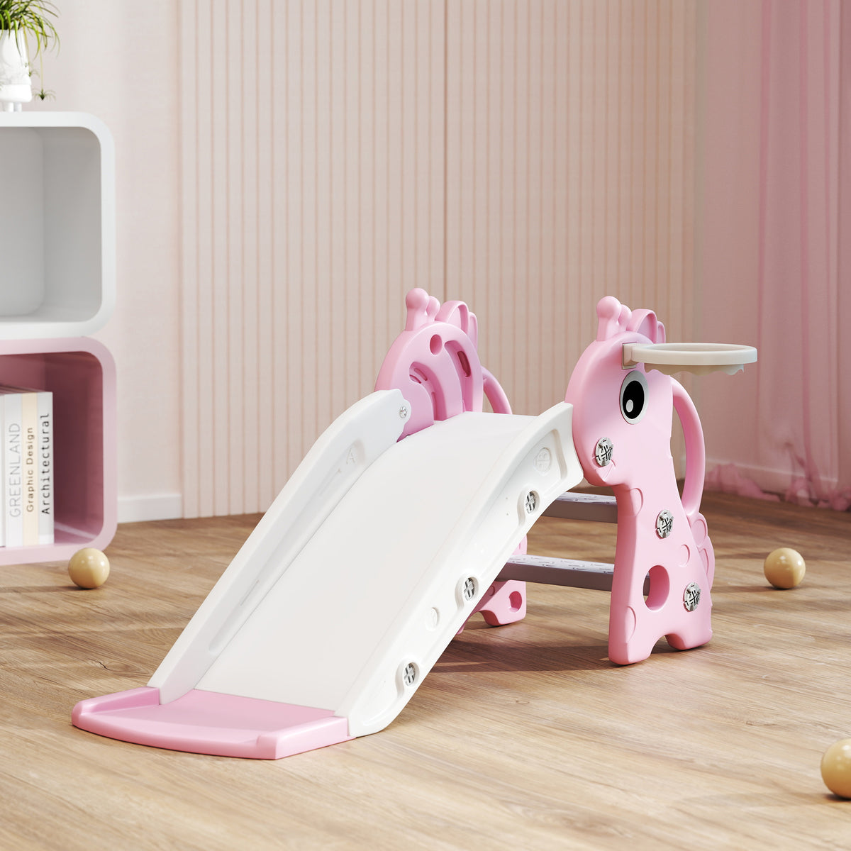 3 In 1 Kids Slide With Climber, Basketball Hoop And Ball | Pink