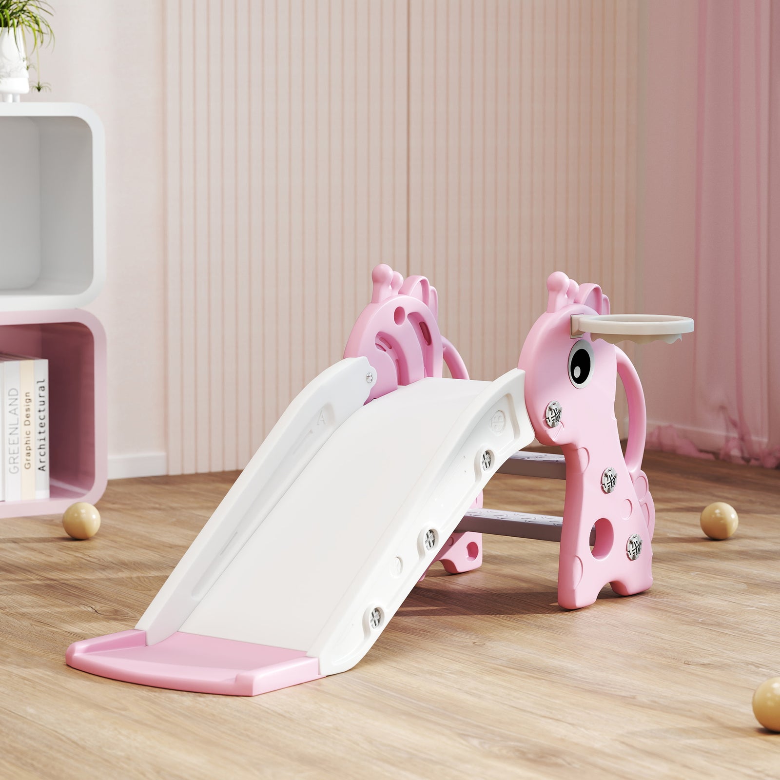 3 In 1 Kids Slide With Climber, Basketball Hoop And Ball, For Age 1-3, Pink