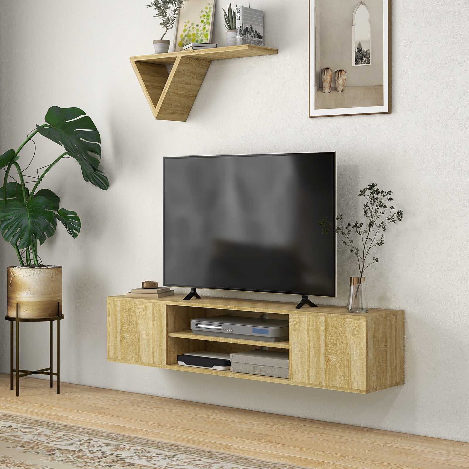 Floating Tv Unit For 60" With Shelves Cabinets | Brown