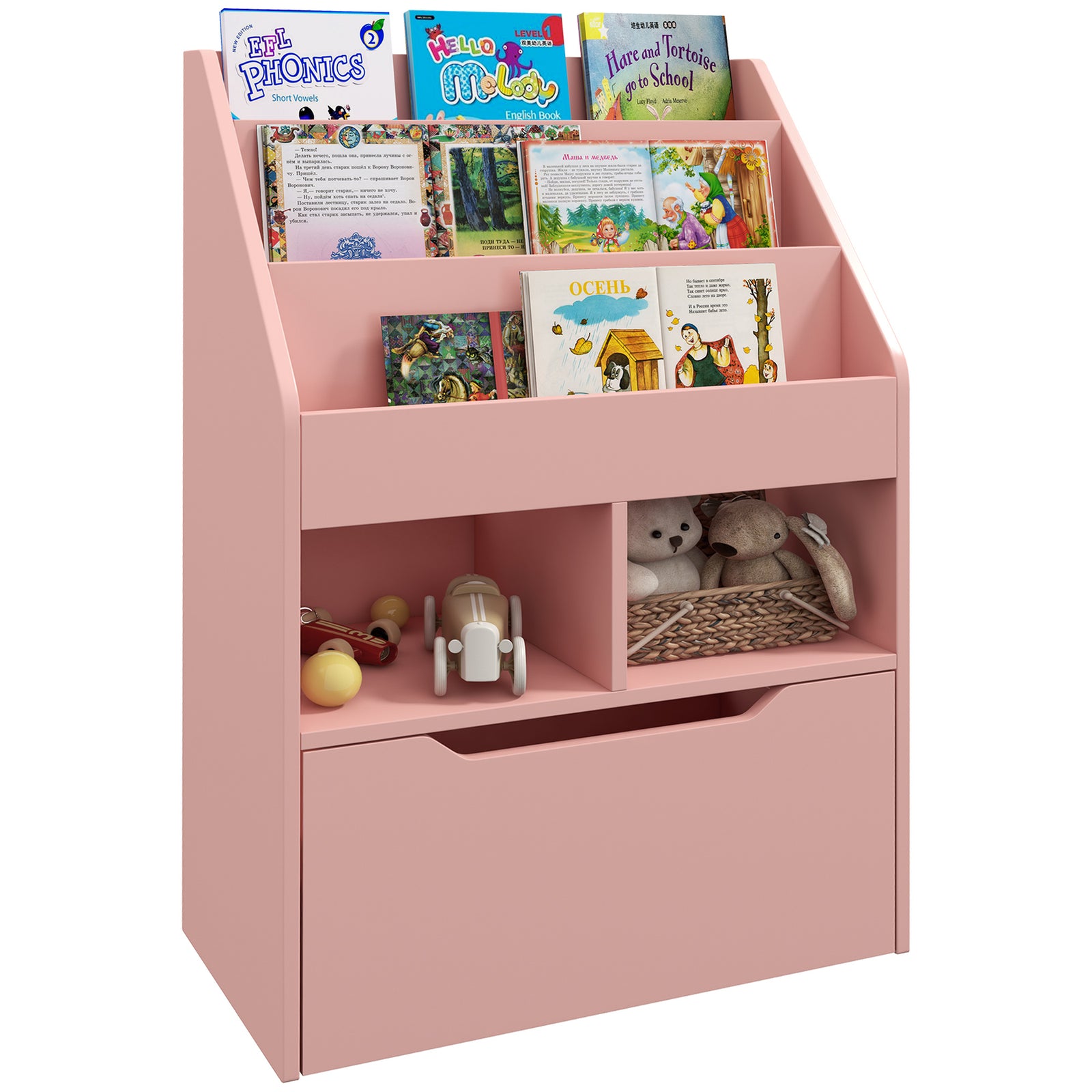 Kids Bookshelf, Toy Box W/ Storage Drawer, Wheels, For Bedroom | Pink