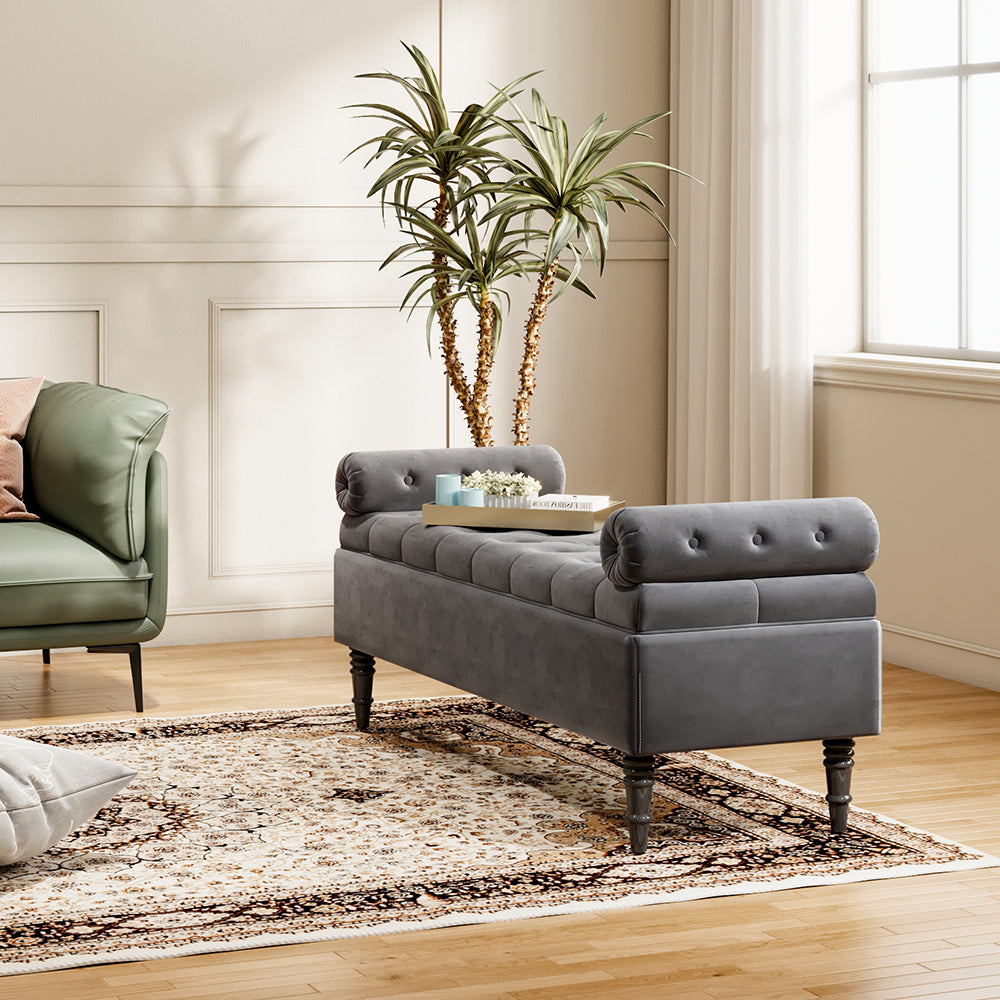 Velvet Upholstered Storage Ottoman Bench With Pillowed Armrests – Hidden Compartment, 126cm W