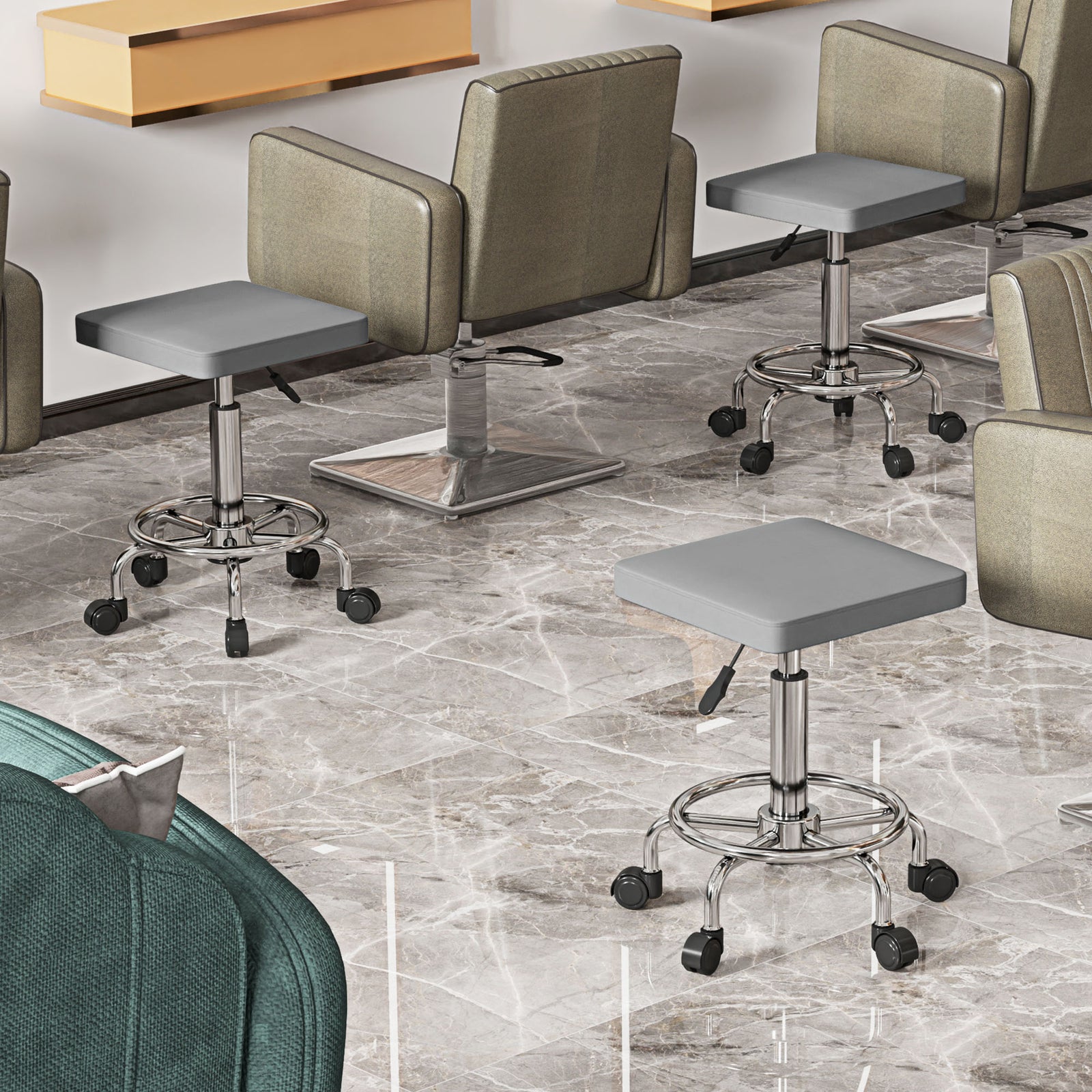 Pu Leather Rolling Stool, Adjustable | Grey