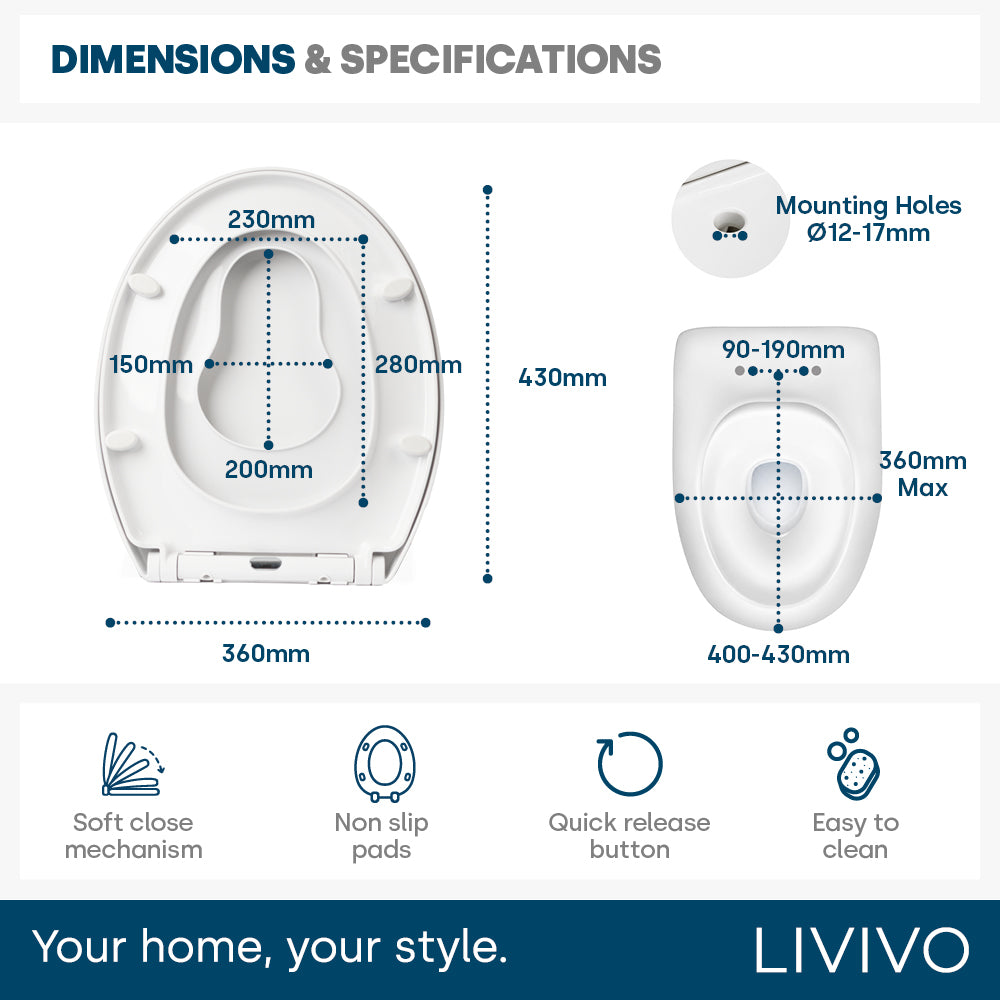 Livivo Soft Close Family Toilet Seat - Oval White With Quick Release Button For Easy Cleaning