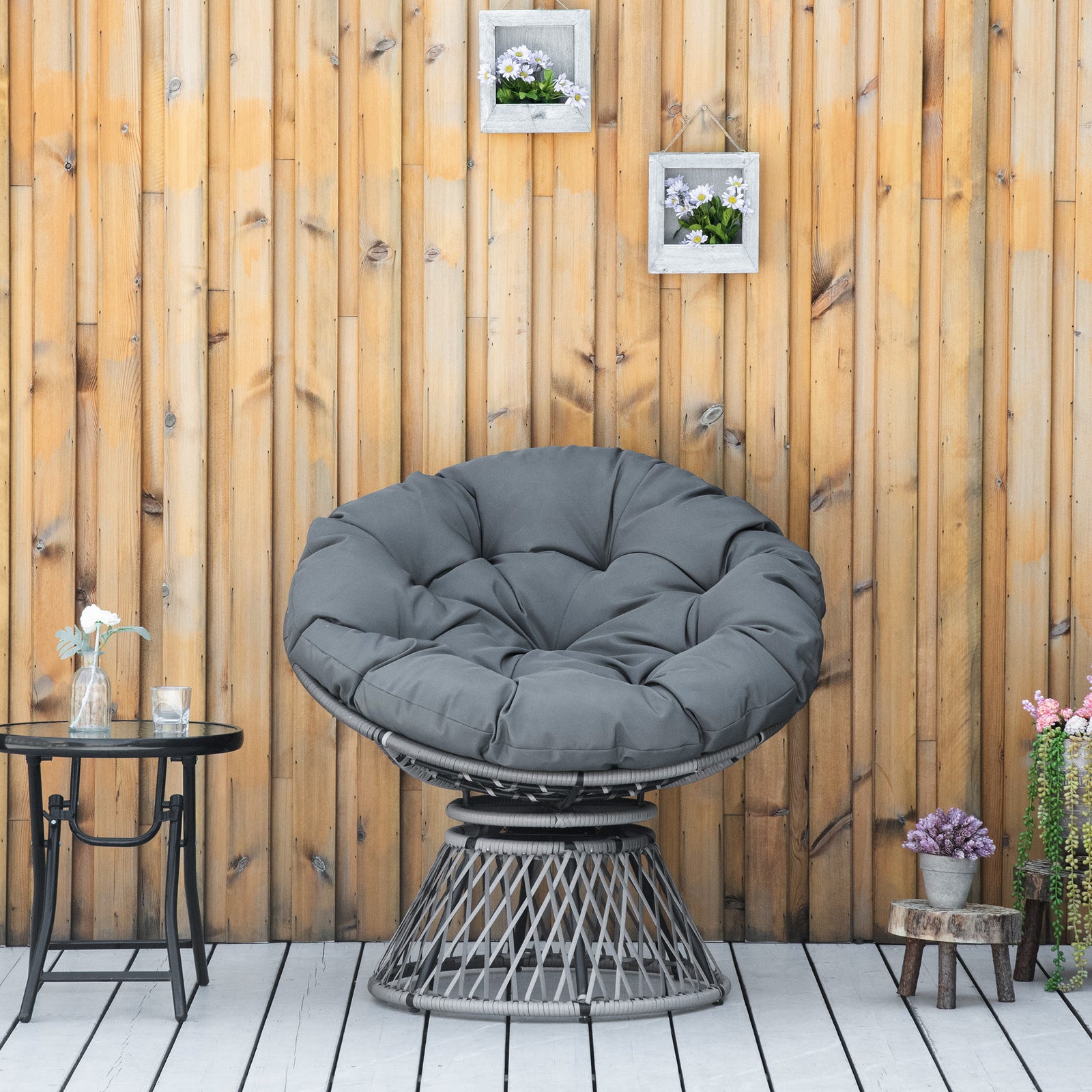 360 Degree Swivel Rattan Papasan Moon Bowl Chair Round | Gray