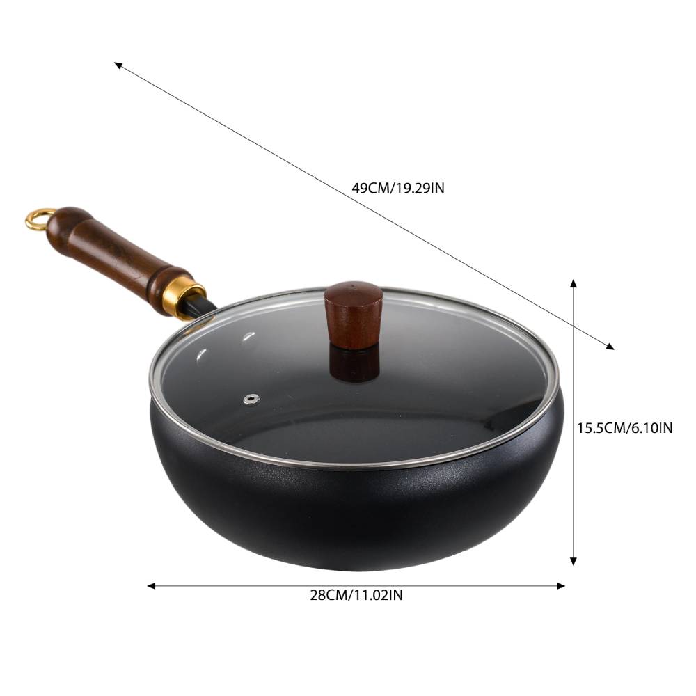 Long-handle Iron Deep Wok Pan With Lid | 28cm