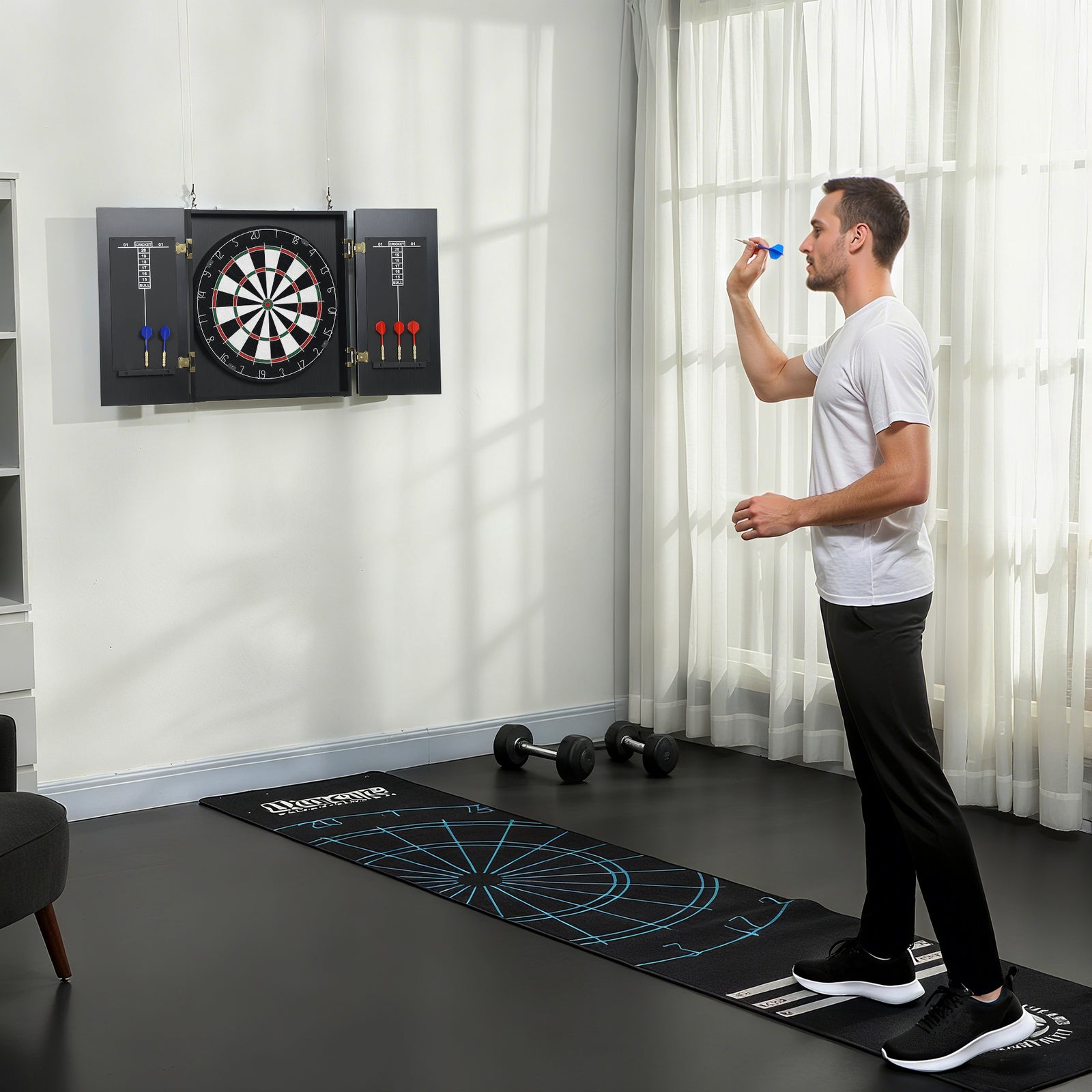 Bristle Dartboard Set With Cabinet, 6 Steel Tip Darts