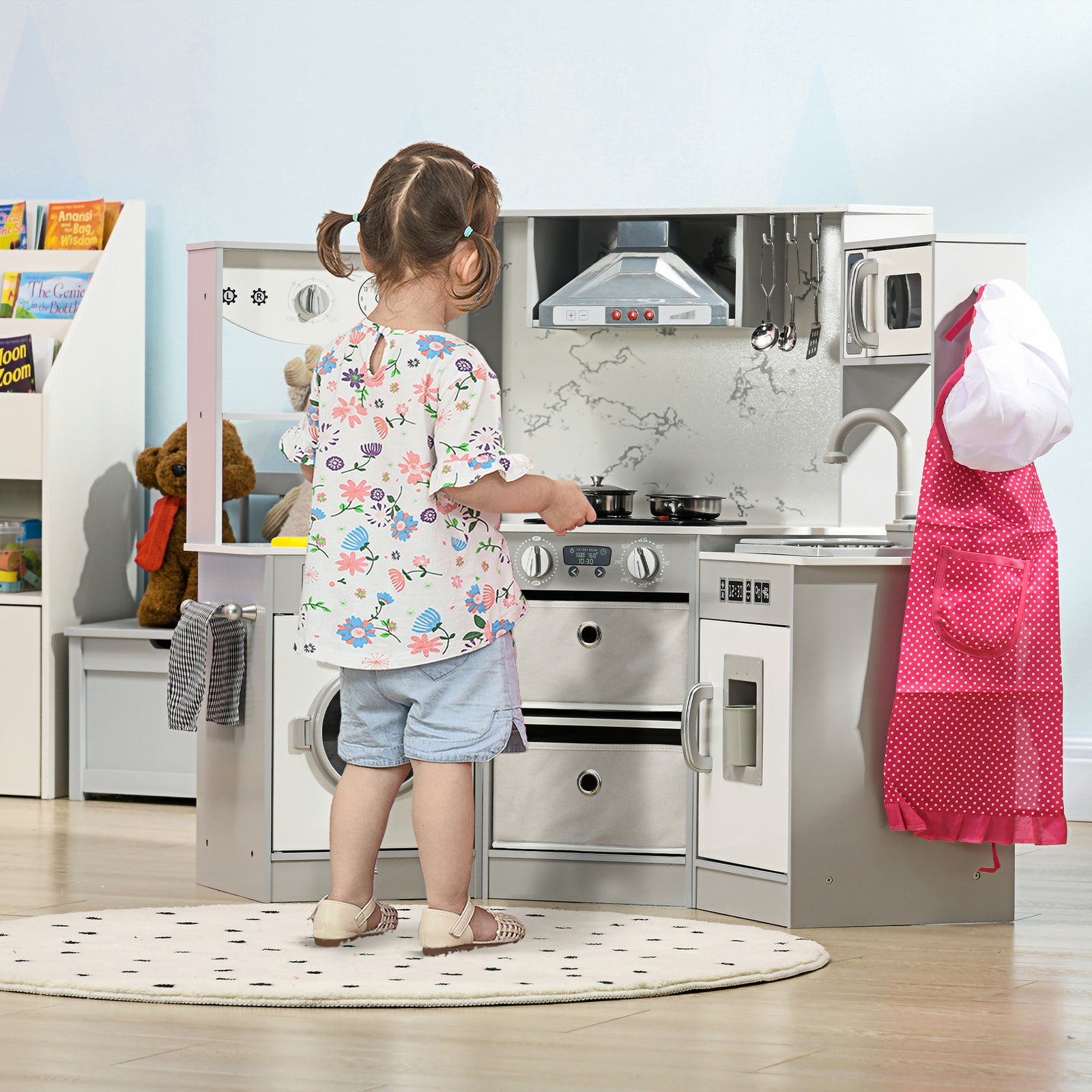 Toy Kitchen Playset W/ Running Water, Apron And Chef Hat - Grey